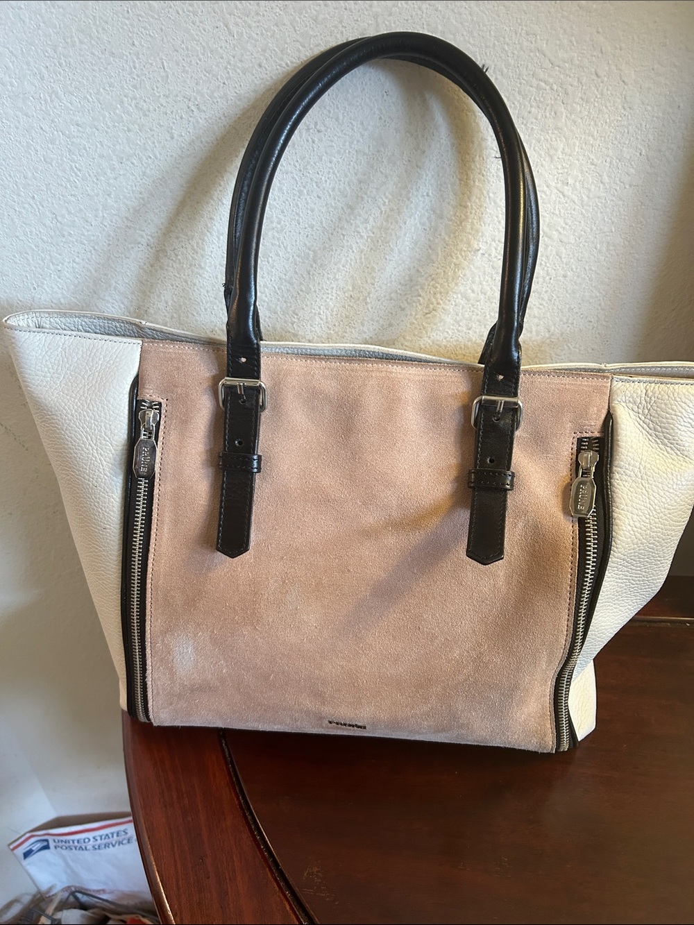 Prune Two-Tone Suede & Leather Tote Bag - Blush/White